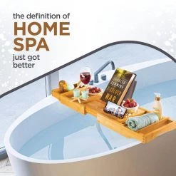 Bambusi Bathtub Caddy Tray with Book and Wine Holder for a Spa Relaxing Bath with Extendable Arms -Bathroom Accessories Sales bamboo bambusi bathroom trays bam btc 44 1000
