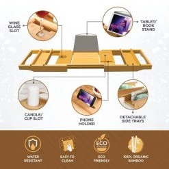 Bambusi Bathtub Caddy Tray with Book and Wine Holder for a Spa Relaxing Bath with Extendable Arms -Bathroom Accessories Sales bamboo bambusi bathroom trays bam btc 4f 1000