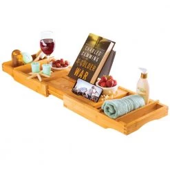 Bambusi Bathtub Caddy Tray with Book and Wine Holder for a Spa Relaxing Bath with Extendable Arms