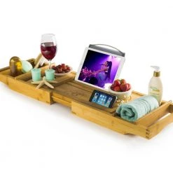 Bambusi Bathtub Caddy Tray with Book and Wine Holder for a Spa Relaxing Bath with Extendable Arms -Bathroom Accessories Sales bamboo bambusi bathroom trays bam btc 77 1000