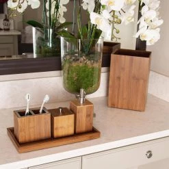 Seville Classics 5-Piece Bathroom Accessory Set with Wastebasket, Pump Dispenser, Toothbrush, Cotton Swab, and Towel Holder in Bamboo -Bathroom Accessories Sales bamboo seville classics bathroom accessory sets bmb17136 31 1000
