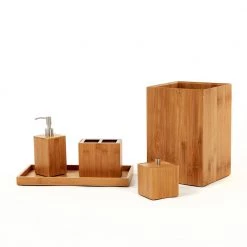 Seville Classics 5-Piece Bathroom Accessory Set with Wastebasket, Pump Dispenser, Toothbrush, Cotton Swab, and Towel Holder in Bamboo -Bathroom Accessories Sales bamboo seville classics bathroom accessory sets bmb17136 4f 1000
