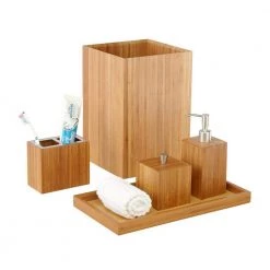 Seville Classics 5-Piece Bathroom Accessory Set with Wastebasket, Pump Dispenser, Toothbrush, Cotton Swab, and Towel Holder in Bamboo