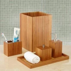 Seville Classics 5-Piece Bathroom Accessory Set with Wastebasket, Pump Dispenser, Toothbrush, Cotton Swab, and Towel Holder in Bamboo -Bathroom Accessories Sales bamboo seville classics bathroom accessory sets bmb17136 76 1000