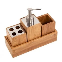 Honey-Can-Do 4-Piece Bathroom Set with Toothbrush Holder, Soap Dispenser, Cup, and Tray in Bamboo