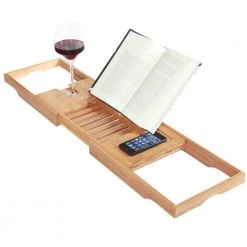TOILETTREE Bamboo Bathtub Caddy with Extending Sides and Adjustable Book Holder