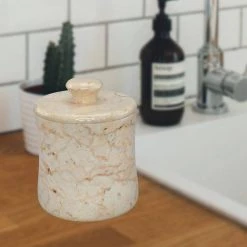 Creative Home Natural Champagne Marble Fenway Collection Cotton Ball Swab Holder Countertop Storage Jar Container Organizer in Beige -Bathroom Accessories Sales beige creative home bathroom storage containers 74588 31 1000
