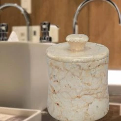Creative Home Natural Champagne Marble Fenway Collection Cotton Ball Swab Holder Countertop Storage Jar Container Organizer in Beige -Bathroom Accessories Sales beige creative home bathroom storage containers 74588 4f 1000