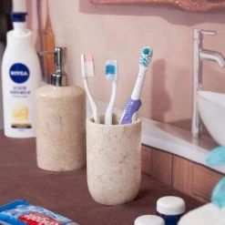 Creative Home Natural Champagne Marble Bullet Collection Tumbler, Toothbrush, Makeup Brush Holder in Beige Color -Bathroom Accessories Sales beige creative home toothbrush holders 74294 31 1000