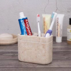 Creative Home Natural Champagne Marble Stone Toothbrush Holder, Tumbler, Makeup Brush Organizer for Bathroom Countertop -Bathroom Accessories Sales beige creative home toothbrush holders 74728 44 1000