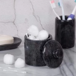 Creative Home Natural Marble SPA Collection Cotton Ball, Q-Tip Swab Holder, Bathroom Organizer Storage Jar Canister in Black -Bathroom Accessories Sales black creative home bathroom storage containers 32446 1f 1000