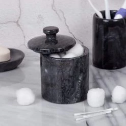 Creative Home Natural Marble SPA Collection Cotton Ball, Q-Tip Swab Holder, Bathroom Organizer Storage Jar Canister in Black -Bathroom Accessories Sales black creative home bathroom storage containers 32446 4f 1000