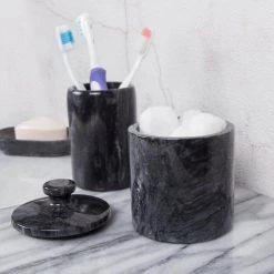 Creative Home Natural Marble SPA Collection Cotton Ball, Q-Tip Swab Holder, Bathroom Organizer Storage Jar Canister in Black -Bathroom Accessories Sales black creative home bathroom storage containers 32446 fa 1000