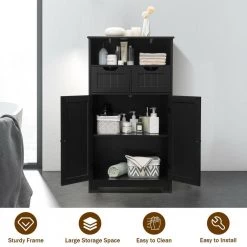 Gymax Bathroom Floor Cabinet Wooden Storage Organizer with Drawer Doors Black -Bathroom Accessories Sales black gymax bathroom storage containers gym06851 31 1000