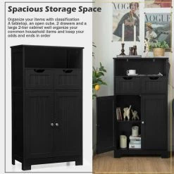 Gymax Bathroom Floor Cabinet Wooden Storage Organizer with Drawer Doors Black -Bathroom Accessories Sales black gymax bathroom storage containers gym06851 44 1000