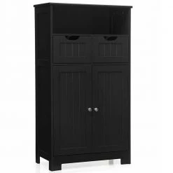 Gymax Bathroom Floor Cabinet Wooden Storage Organizer with Drawer Doors Black