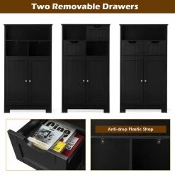 Gymax Bathroom Floor Cabinet Wooden Storage Organizer with Drawer Doors Black -Bathroom Accessories Sales black gymax bathroom storage containers gym06851 fa 1000