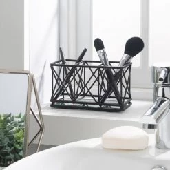 Home Details 3 Compartment Cosmetic Brush Pencil Holder in Matte Black -Bathroom Accessories Sales black home details makeup organizers 27172 matteblk 1f 1000