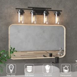CLAVIE Bathroom Light Fixtures 4-Light 26 in. W x 9 in. H Wall Sconces with Clear Glass Shade Vanity Light Fixture in Black -Bathroom Accessories Sales black makeup organizers hd 2609 vbbl c3 1000