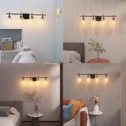 CLAVIE Hanging Bathroom Light Fixtures 4-Light 30 in. W x 9 in. H Wall Sconces with Clear Glass Shade Vanity Light in Black 8 CLAVIE Hanging Bathroom Light Fixtures 4-Light 30 in. W x 9 in. H Wall Sconces with Clear Glass Shade Vanity Light in Black -Bathroom Accessories Sales black makeup organizers hd 3009 vcbl 1f 1000