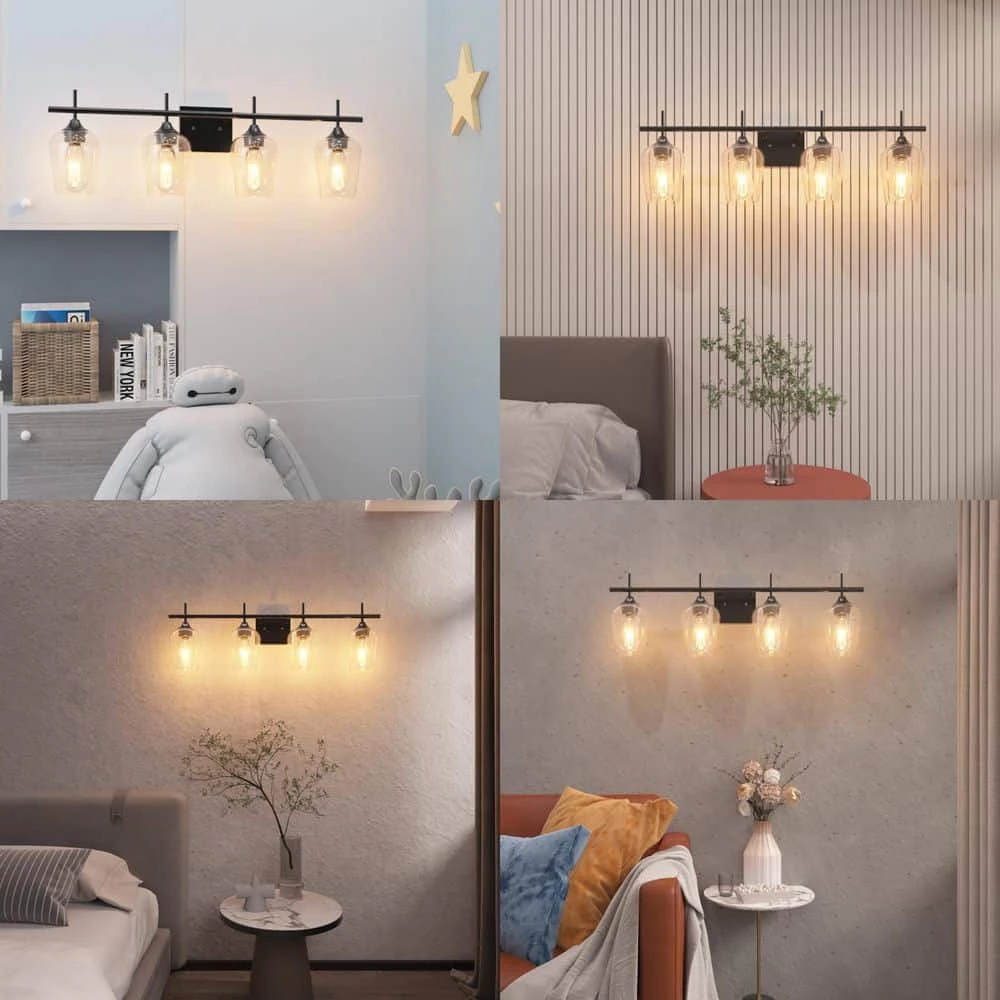 CLAVIE Hanging Bathroom Light Fixtures 4-Light 30 in. W x 9 in. H Wall Sconces with Clear Glass Shade Vanity Light in Black 4 CLAVIE Hanging Bathroom Light Fixtures 4-Light 30 in. W x 9 in. H Wall Sconces with Clear Glass Shade Vanity Light in Black - Image 4