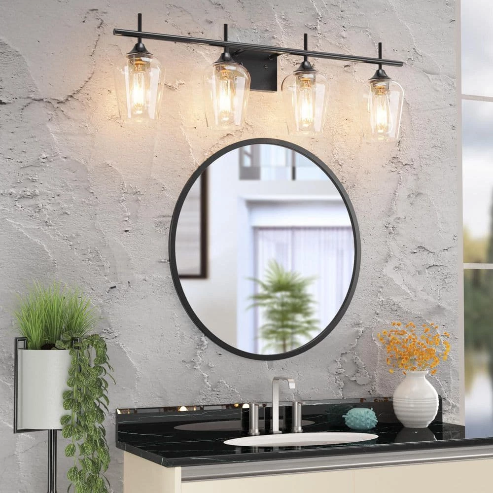 CLAVIE Hanging Bathroom Light Fixtures 4-Light 30 in. W x 9 in. H Wall Sconces with Clear Glass Shade Vanity Light in Black 5 CLAVIE Hanging Bathroom Light Fixtures 4-Light 30 in. W x 9 in. H Wall Sconces with Clear Glass Shade Vanity Light in Black - Image 5