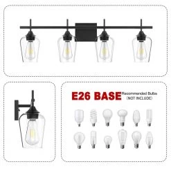 CLAVIE Hanging Bathroom Light Fixtures 4-Light 30 in. W x 9 in. H Wall Sconces with Clear Glass Shade Vanity Light in Black 7 CLAVIE Hanging Bathroom Light Fixtures 4-Light 30 in. W x 9 in. H Wall Sconces with Clear Glass Shade Vanity Light in Black -Bathroom Accessories Sales black makeup organizers hd 3009 vcbl 4f 1000