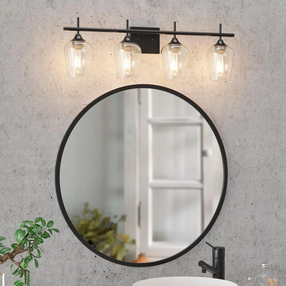 CLAVIE Hanging Bathroom Light Fixtures 4-Light 30 in. W x 9 in. H Wall Sconces with Clear Glass Shade Vanity Light in Black 2 CLAVIE Hanging Bathroom Light Fixtures 4-Light 30 in. W x 9 in. H Wall Sconces with Clear Glass Shade Vanity Light in Black - Image 2