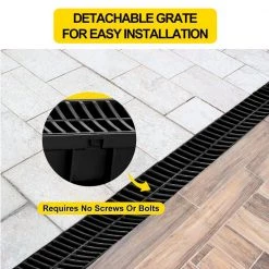 VEVOR Trench Drain System 39 in. L x 5.8 in. W x 5.2 in. D Channel Drain with Plastic Grate and End Cap Drainage Trench 3 Pack -Bathroom Accessories Sales black vevor bathtub accessories pslgm10010039v7b1v0 1f 1000