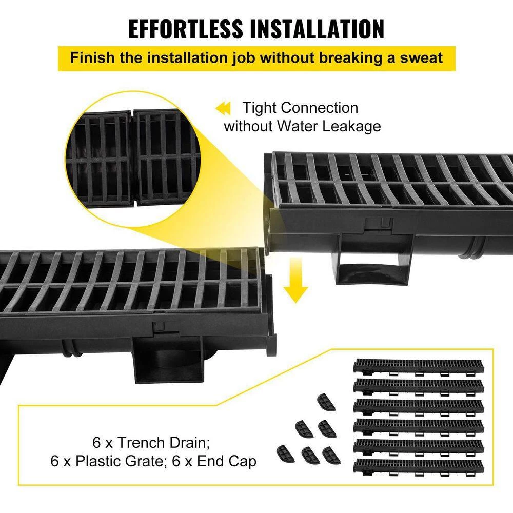 VEVOR Trench Drain System 39 in. L x 5.8 in. W x 3.1 in. D Channel Drain with Plastic Grate and End Cap Drainage Trench 6 Pack 3 VEVOR Trench Drain System 39 in. L x 5.8 in. W x 3.1 in. D Channel Drain with Plastic Grate and End Cap Drainage Trench 6 Pack - Image 3