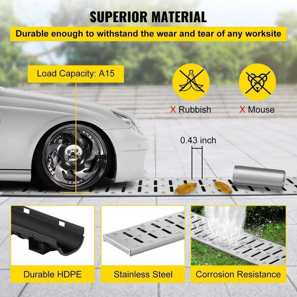 VEVOR Trench Drain System 39 in. L x 5.8 in. W x 3.1 in. D Drainage Trench with Metal Grate and End Cap Channel Drain 5 Pack 6 VEVOR Trench Drain System 39 in. L x 5.8 in. W x 3.1 in. D Drainage Trench with Metal Grate and End Cap Channel Drain 5 Pack - Image 6