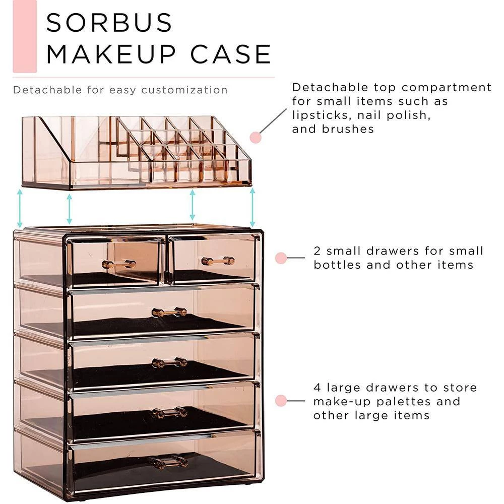 Sorbus Freestanding 6-Drawer 6.25 in. x 14.25 in. 1-Cube Cosmetic Organizer in Acrylic Brown 2 Sorbus Freestanding 6-Drawer 6.25 in. x 14.25 in. 1-Cube Cosmetic Organizer in Acrylic Brown - Image 2