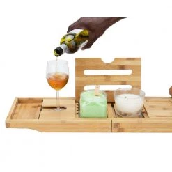 Mind Reader Freestanding Extendable Bath Caddy in Bamboo -Bathroom Accessories Sales brown mind reader bathroom trays bathcadsp brn 76 1000