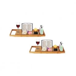 SereneLife Luxury Bamboo Bathtub Caddy Tray Organizer w/Wine Holder (2 Pack)