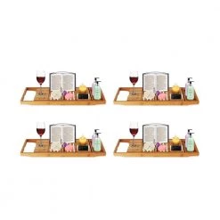 SereneLife Luxury Bamboo Bathtub Caddy Tray Organizer w/Wine Holder (4 Pack)