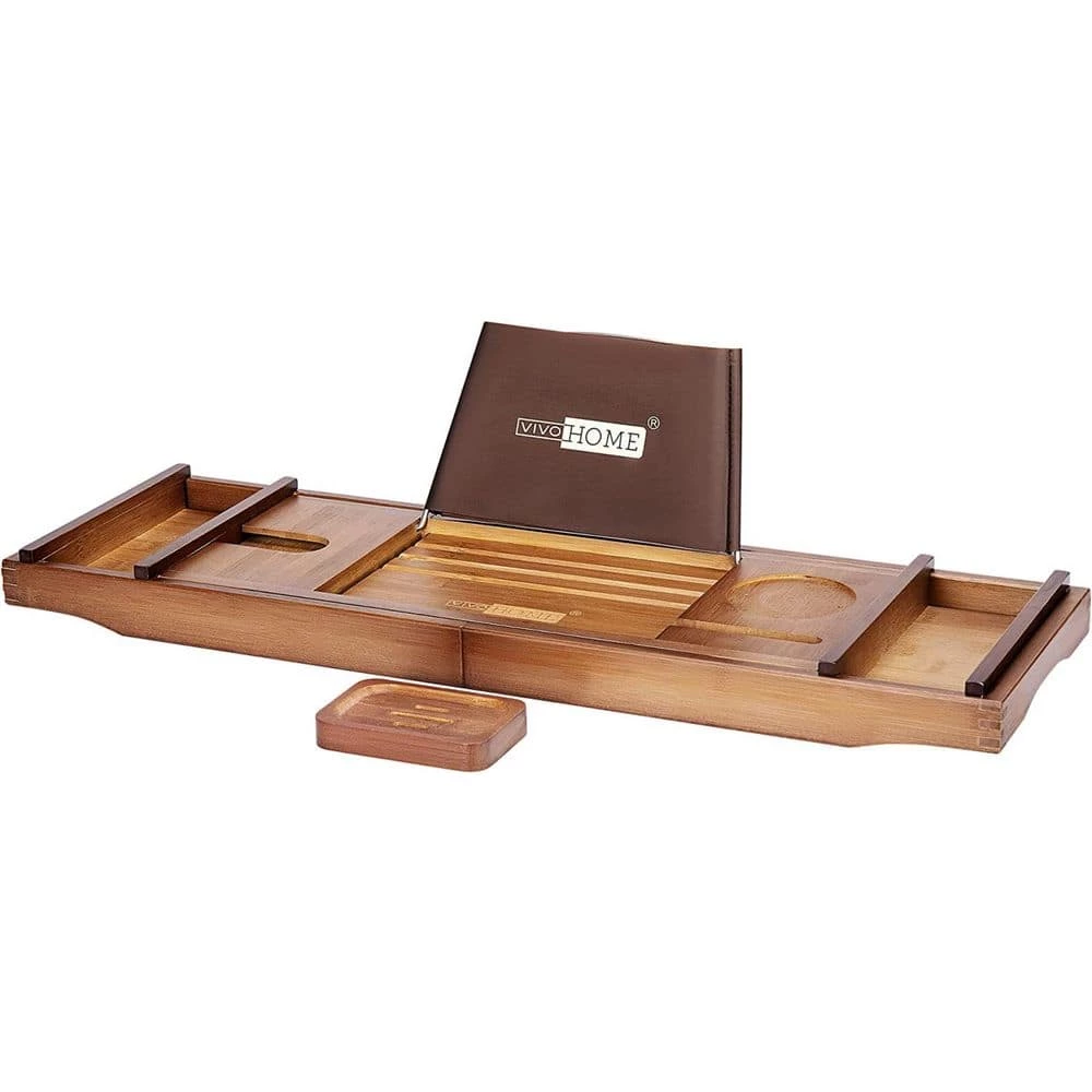 VIVOHOME Expandable 43 Inch Bamboo Bathtub Caddy Tray in Brown with Holders, Soap Tray, Wine Glass Slot 1 VIVOHOME Expandable 43 Inch Bamboo Bathtub Caddy Tray in Brown with Holders, Soap Tray, Wine Glass Slot