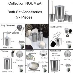 Unbranded 5-Pieces Bath Accessory Set with Soap Pump, Tumbler, Soap Dish, Waste Basket and Toilet Brush Holder in Brushed Aluminum -Bathroom Accessories Sales brushed aluminum bathroom accessory sets set5noumea6176 1f 1000
