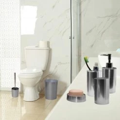 Unbranded 5-Pieces Bath Accessory Set with Soap Pump, Tumbler, Soap Dish, Waste Basket and Toilet Brush Holder in Brushed Aluminum -Bathroom Accessories Sales brushed aluminum bathroom accessory sets set5noumea6176 44 1000