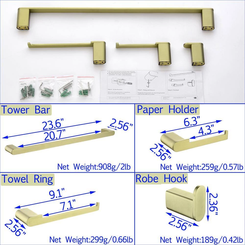 Boyel Living 4-Piece Bath Accessory Set with Towel Bar, Towel Robe Hook, Toilet Roll Paper Holder, Hand Tower Holder in Brushed Gold 8 Boyel Living 4-Piece Bath Accessory Set with Towel Bar, Towel Robe Hook, Toilet Roll Paper Holder, Hand Tower Holder in Brushed Gold - Image 8