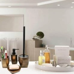 Unbranded 4-Pieces Bath Accessory Set with Soap Pump, Tumbler, Soap Dish and Toilet Brush Holder in Gold Polyresin Wenge -Bathroom Accessories Sales gold bathroom accessory sets set4wenge 4f 1000