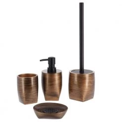 Unbranded 4-Pieces Bath Accessory Set with Soap Pump, Tumbler, Soap Dish and Toilet Brush Holder in Gold Polyresin Wenge