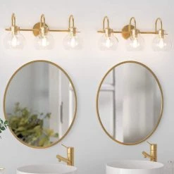 CLAVIE Gold Bathroom Light Fixtures 3-Light 21 in. W x 9 in. H Wall Sconces with Clear Glass Shade Vanity Light in Black -Bathroom Accessories Sales gold makeup organizers hd 2109 vggd 31 1000