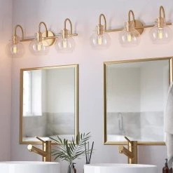 CLAVIE Gold Bathroom Light Fixtures 3-Light 21 in. W x 9 in. H Wall Sconces with Clear Glass Shade Vanity Light in Black -Bathroom Accessories Sales gold makeup organizers hd 2109 vggd 4f 1000