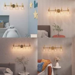 CLAVIE Gold Bathroom Light Fixtures 4-Light 28 in. W x 9 in. H Wall Sconces with Clear Glass Shade Vanity Light in Black -Bathroom Accessories Sales gold makeup organizers hd 2809 vggd 31 1000