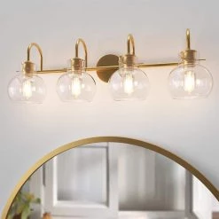 CLAVIE Gold Bathroom Light Fixtures 4-Light 28 in. W x 9 in. H Wall Sconces with Clear Glass Shade Vanity Light in Black
