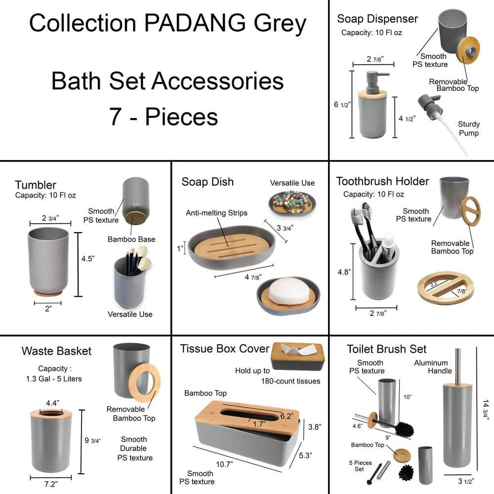 Unbranded Padang 7-Pieces Bath Accessory Set with Soap Pump, Tumbler, Soap Dish and Toilet Brush Holder in PVC Grey and Bamboo 6 Unbranded Padang 7-Pieces Bath Accessory Set with Soap Pump, Tumbler, Soap Dish and Toilet Brush Holder in PVC Grey and Bamboo - Image 6