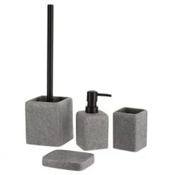 Unbranded 4-Pieces Bath Accessory Set with Soap Pump, Tumbler, Soap Dish and Toilet Brush Holder in Grey Granite Polyresin