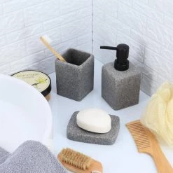 Unbranded 4-Pieces Bath Accessory Set with Soap Pump, Tumbler, Soap Dish and Toilet Brush Holder in Grey Granite Polyresin -Bathroom Accessories Sales grey bathroom accessory sets set4granite6194 c3 1000