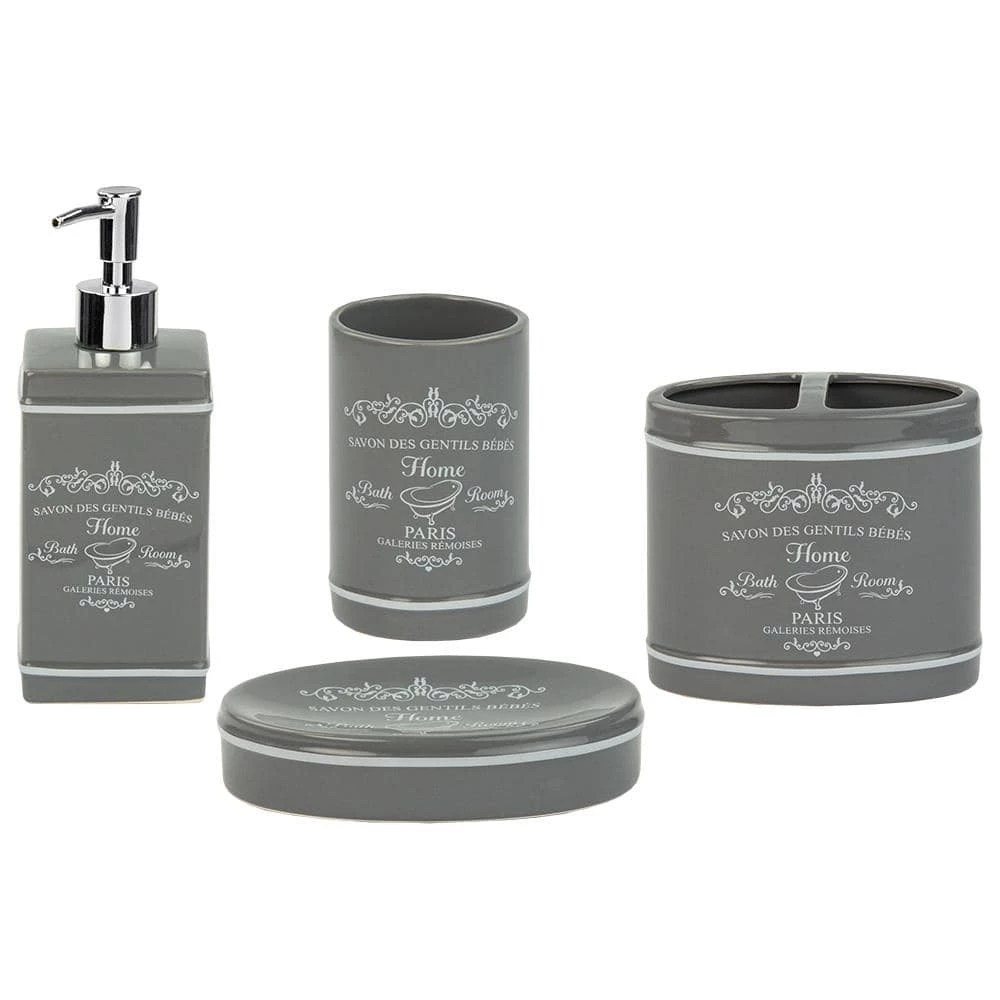 Home Basics Paris 4-Piece Bath Accessory Set in Grey 1 Home Basics Paris 4-Piece Bath Accessory Set in Grey
