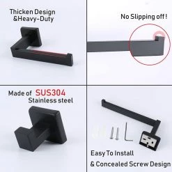 Ruiling 4-Piece Bath Hardware Set with Towel Bar Toilet Paper Holder Double Towel Hook in Stainless Steel Matte Black -Bathroom Accessories Sales matte black ruiling bathroom hardware sets atk 400 c3 1000